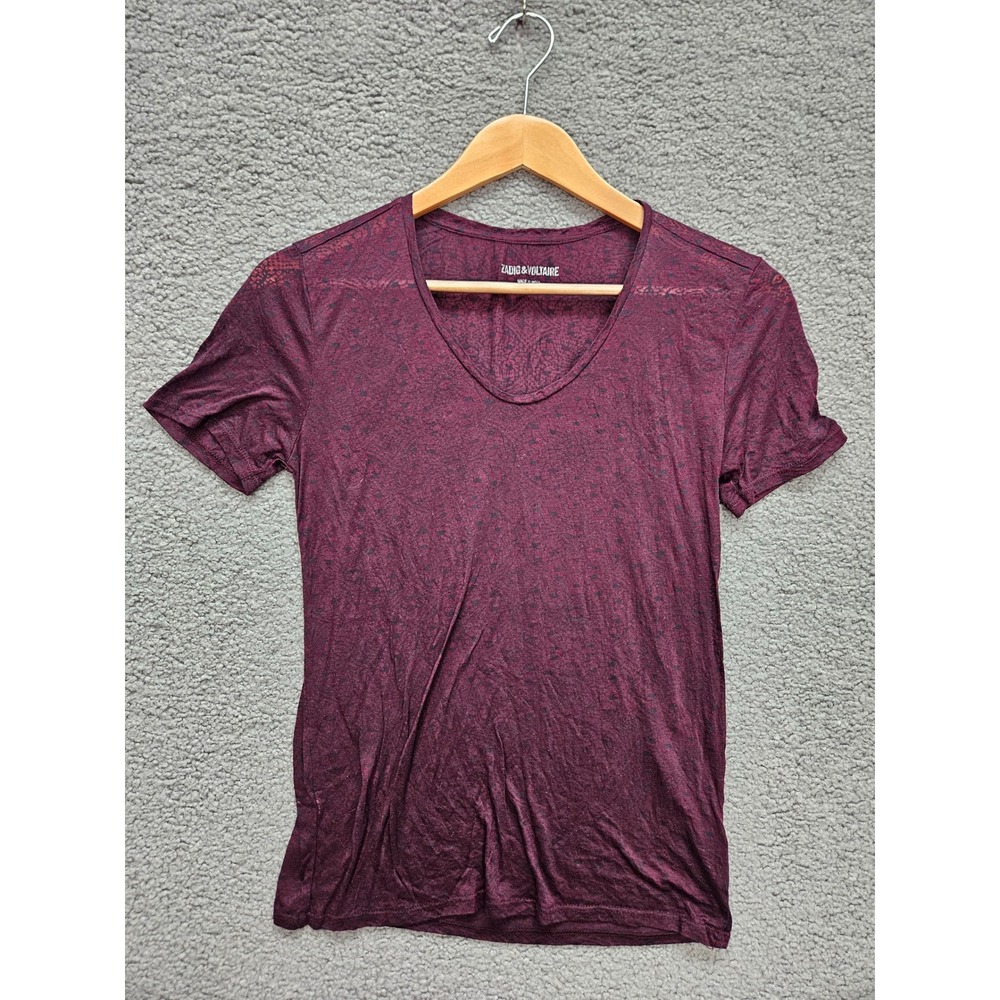 Zadig & Voltaire Anyta Burn Lace Tee XS Burgundy V-Neck Burnout Edgy Grunge